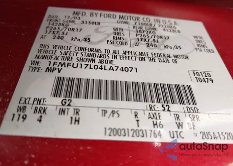 2004 Ford Expedition Eddie Bauer из США, поврежденный, VIN 1FMFU17L04LA74071